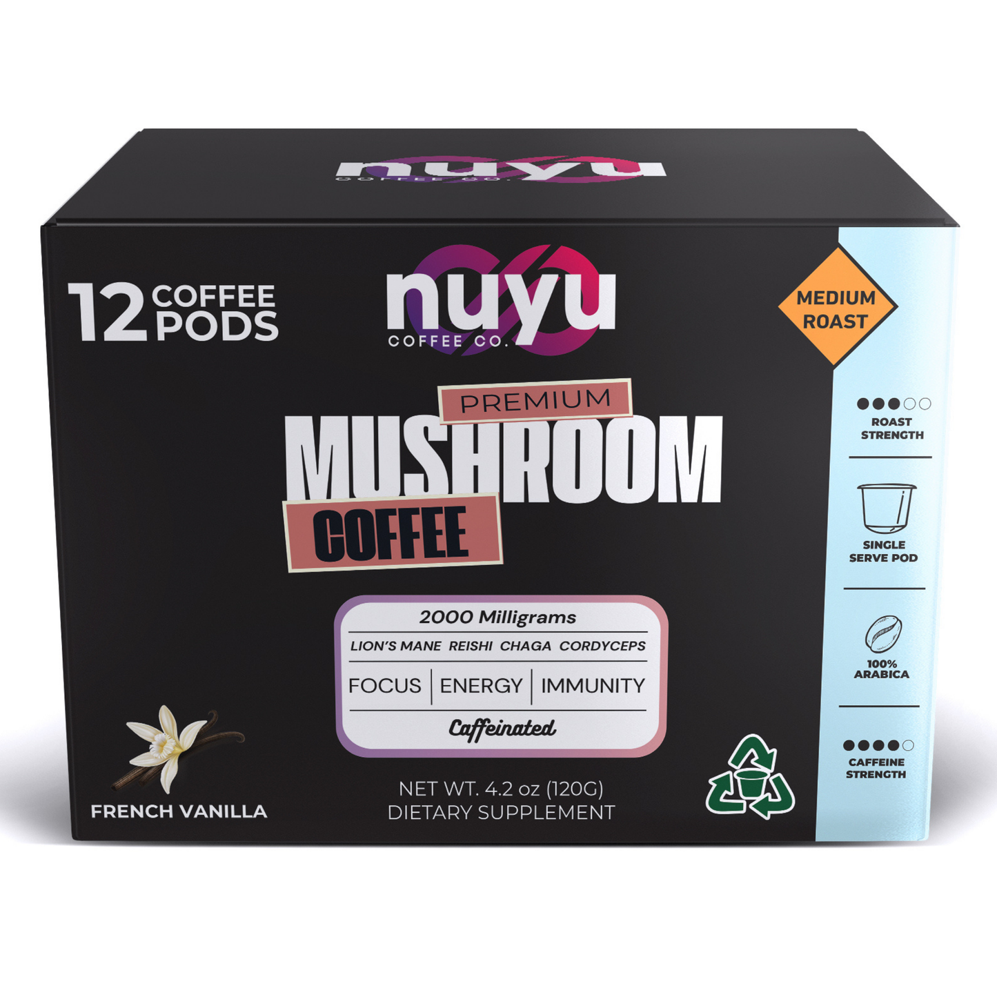 Nuyu Mushroom Coffee Pods, French Vanilla Flavor - 12 pack