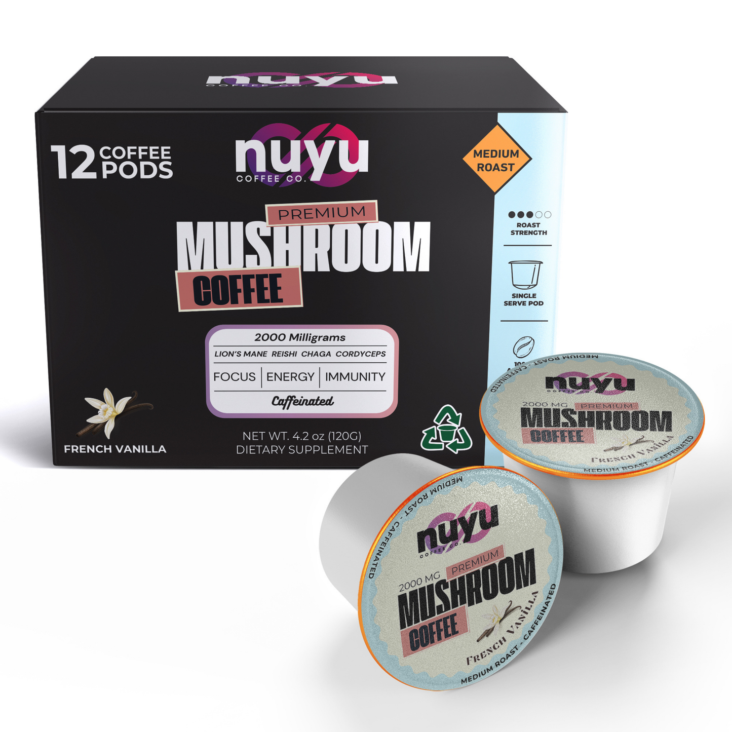 Nuyu Mushroom Coffee Pods, French Vanilla Flavor - 12 pack