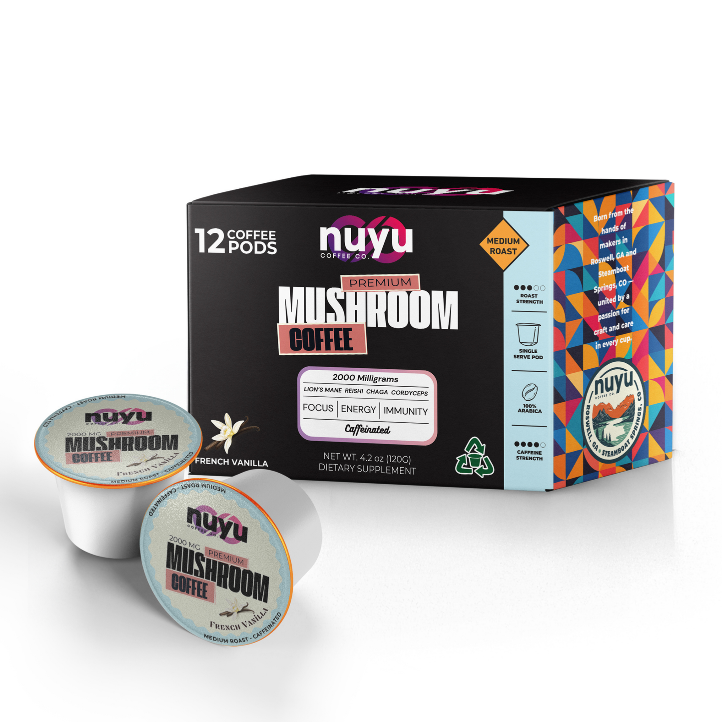 Nuyu Mushroom Coffee Pods, French Vanilla Flavor - 12 pack