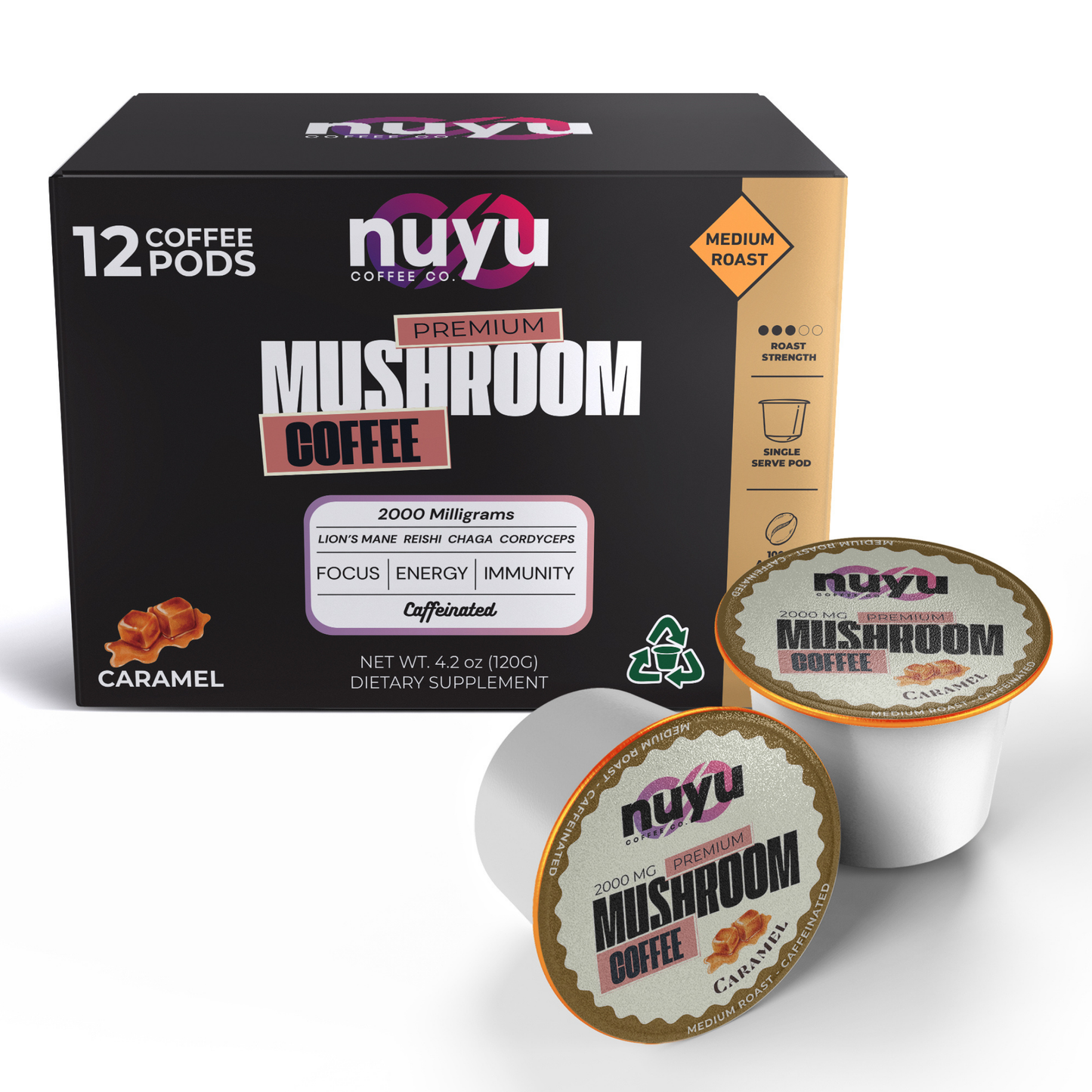 (BACKORDER) Nuyu Mushroom Coffee Pods, Caramel Flavor - 12 pack